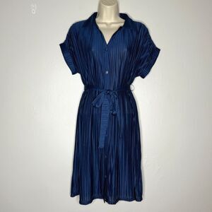 Rio‎ & Rian Womens Plisse Dress S Blue Sheer Pleated Belted Shirt Office Career